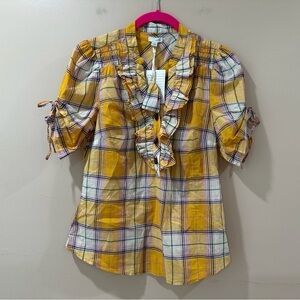 NWT Anthropologie Odille Yellow Plaid Ruffle Cotton Short Sleeve Top Size 2